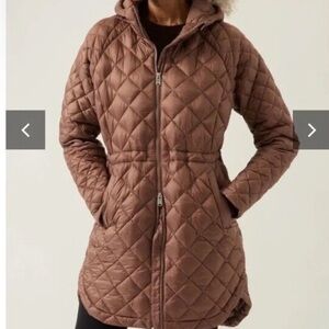 Athleta Quilted Hooded Puffer Coat in Brown